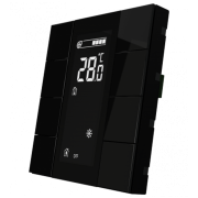 Выключатель с LCD дисплеем, 8-кнопочный , питание от шины KNX, встроенный датчик температуры и влажности,  блестящий черный пластик, без шинного соединителя
